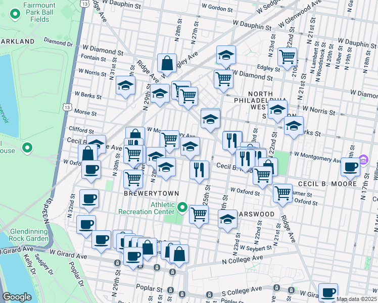 map of restaurants, bars, coffee shops, grocery stores, and more near 1757 North 26th Street in Philadelphia