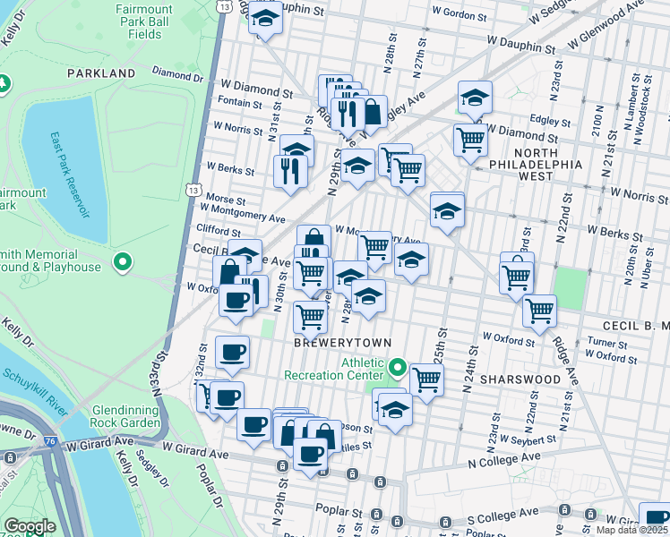map of restaurants, bars, coffee shops, grocery stores, and more near 1701 North Dover Street in Philadelphia