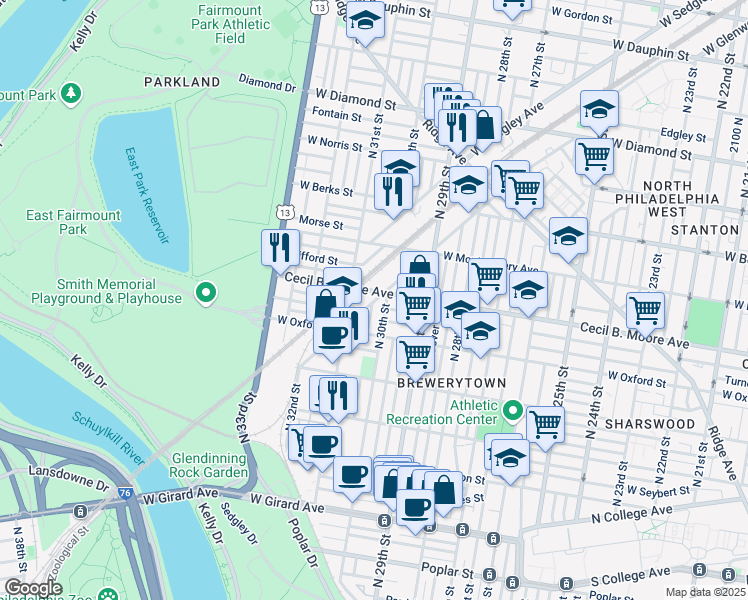 map of restaurants, bars, coffee shops, grocery stores, and more near 1715 North 31st Street in Philadelphia