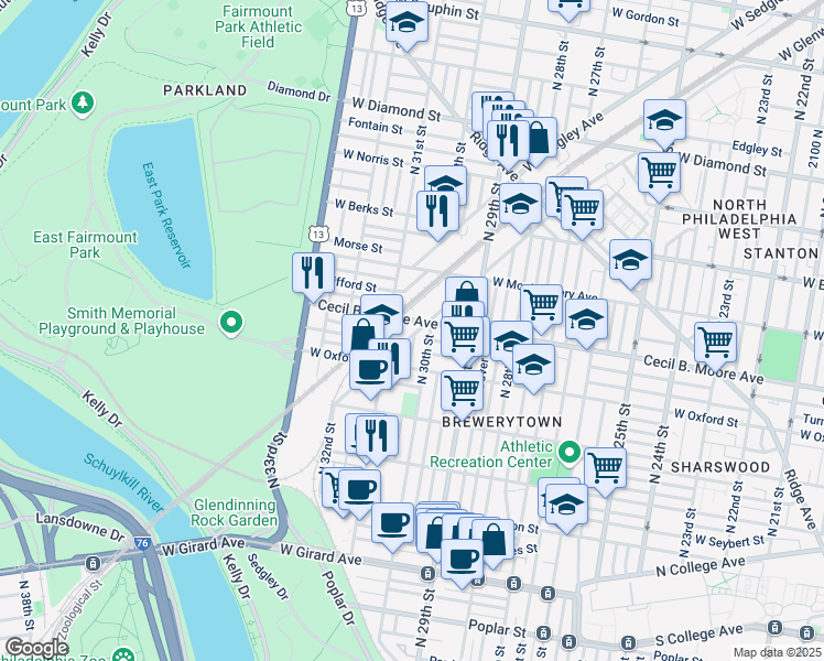 map of restaurants, bars, coffee shops, grocery stores, and more near 1715 North 31st Street in Philadelphia