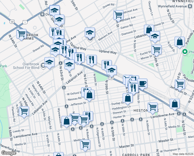 map of restaurants, bars, coffee shops, grocery stores, and more near 6000 Hazelhurst Street in Philadelphia