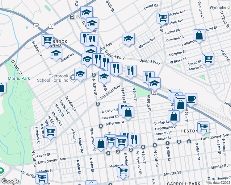 map of restaurants, bars, coffee shops, grocery stores, and more near 6147 Lebanon Avenue in Philadelphia