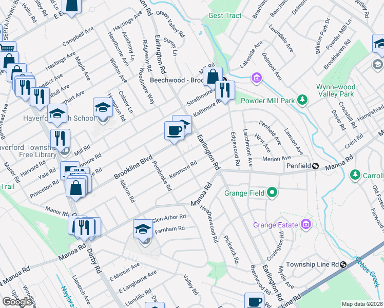 map of restaurants, bars, coffee shops, grocery stores, and more near 430 Sagamore Road in Havertown