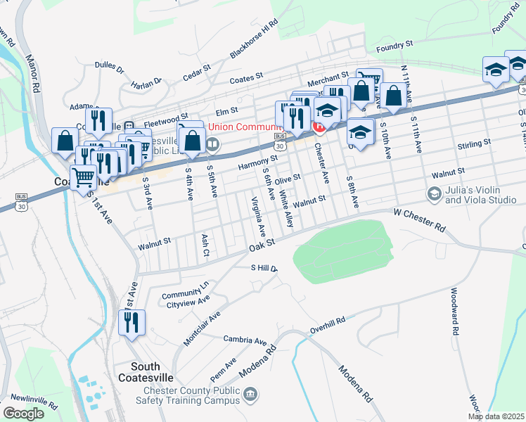 map of restaurants, bars, coffee shops, grocery stores, and more near 73 Modena Alley in Coatesville