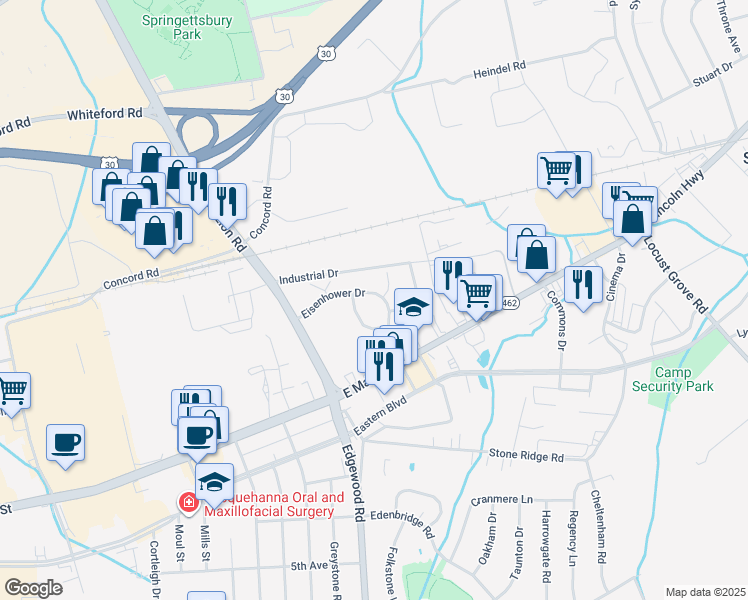 map of restaurants, bars, coffee shops, grocery stores, and more near 23 Bloomingdale Court in York
