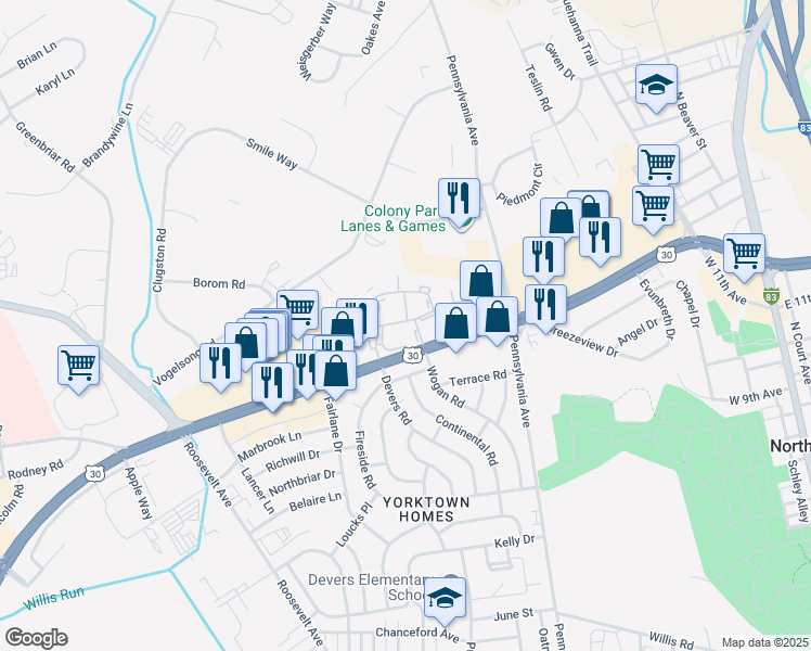 map of restaurants, bars, coffee shops, grocery stores, and more near 766 Hardwick Place in York