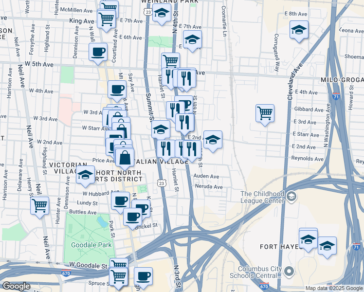 map of restaurants, bars, coffee shops, grocery stores, and more near 192 East 2nd Avenue in Columbus