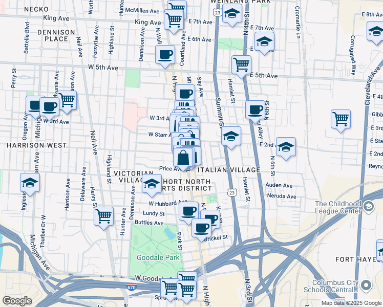 map of restaurants, bars, coffee shops, grocery stores, and more near 1014 North High Street in Columbus