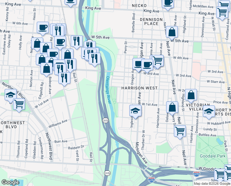 map of restaurants, bars, coffee shops, grocery stores, and more near 587 West 2nd Avenue in Columbus