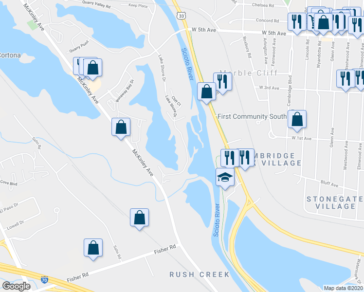 map of restaurants, bars, coffee shops, grocery stores, and more near 1326 Lake Shore Drive in Columbus