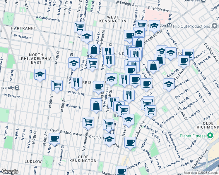 map of restaurants, bars, coffee shops, grocery stores, and more near 2052 North Hancock Street in Philadelphia