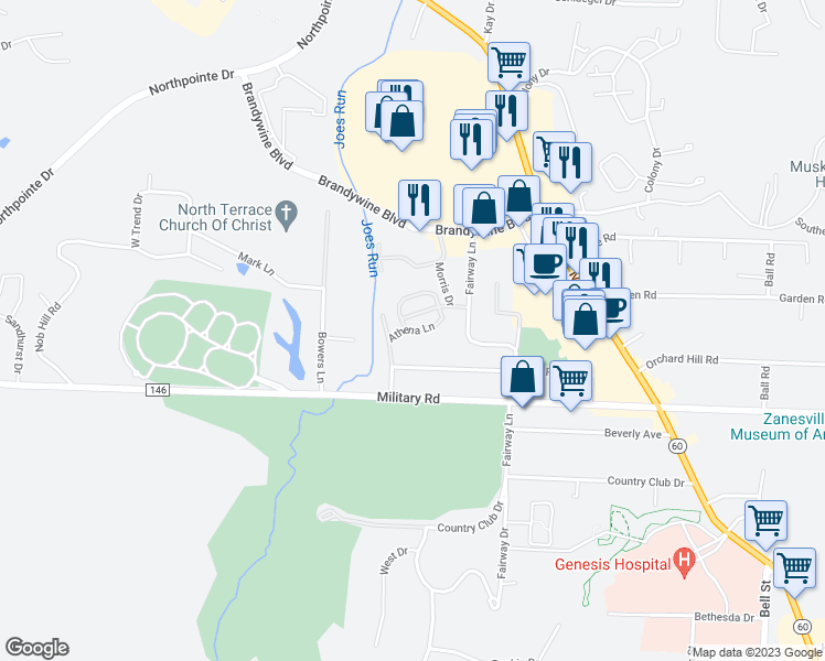 map of restaurants, bars, coffee shops, grocery stores, and more near 1301 Athena Lane in Zanesville
