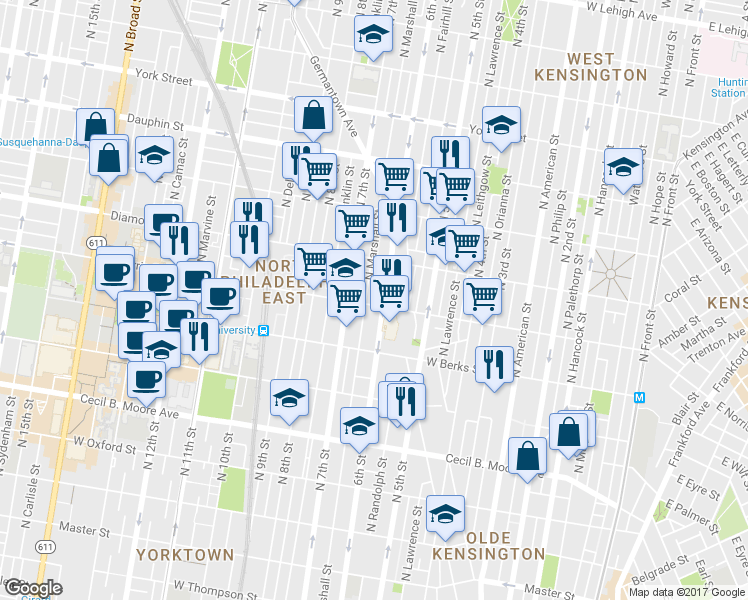 map of restaurants, bars, coffee shops, grocery stores, and more near 613 West Norris Street in Philadelphia