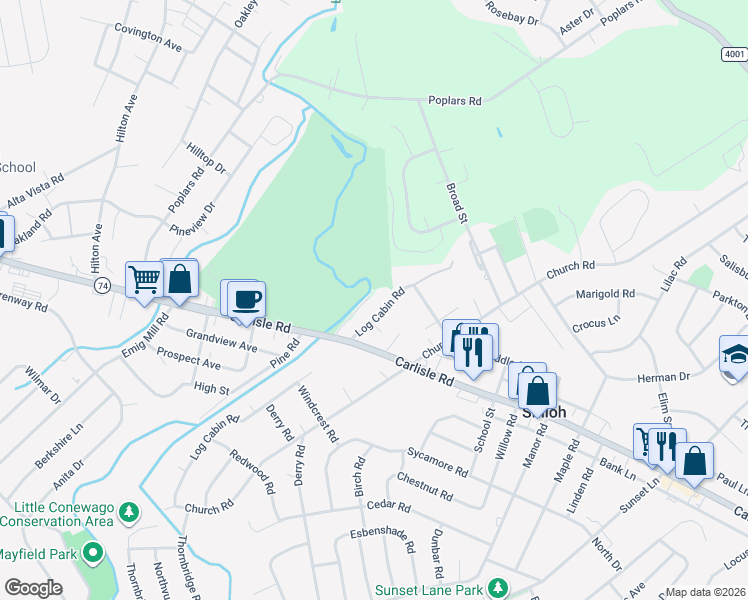 map of restaurants, bars, coffee shops, grocery stores, and more near 2149 Log Cabin Road in York