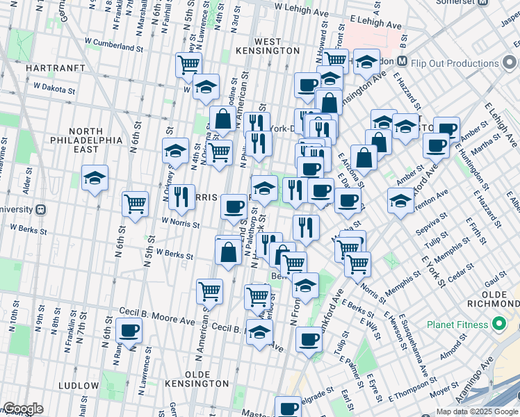 map of restaurants, bars, coffee shops, grocery stores, and more near 2052 North Hancock Street in Philadelphia