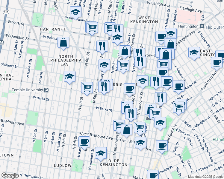 map of restaurants, bars, coffee shops, grocery stores, and more near 2028 North Orianna Street in Philadelphia