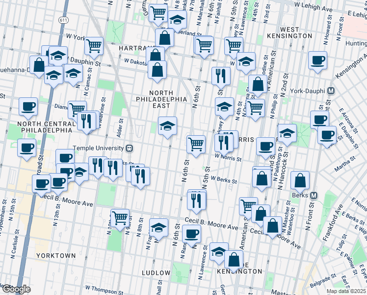 map of restaurants, bars, coffee shops, grocery stores, and more near 613 West Norris Street in Philadelphia