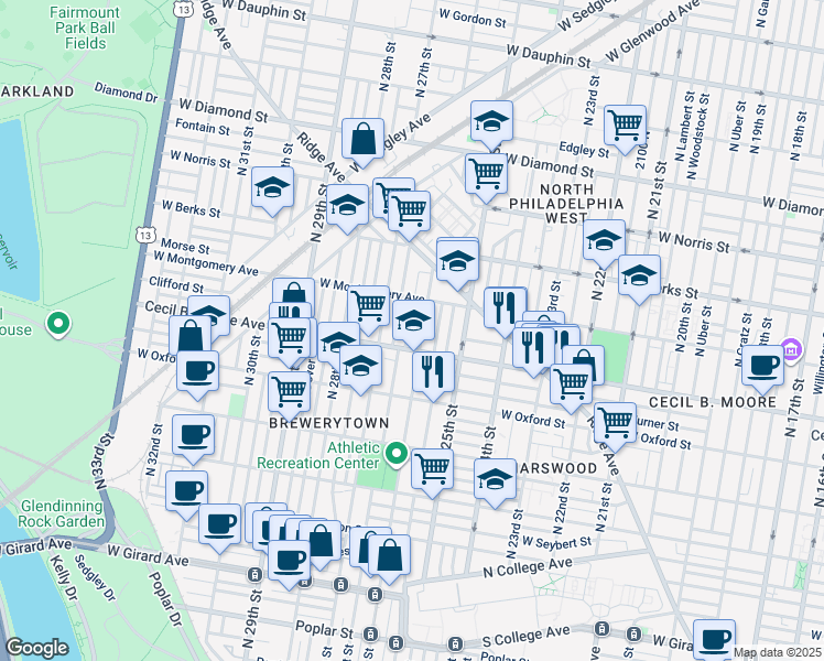 map of restaurants, bars, coffee shops, grocery stores, and more near 1723 North Bailey Street in Philadelphia