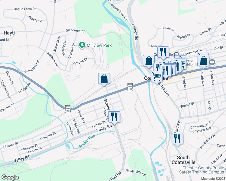 map of restaurants, bars, coffee shops, grocery stores, and more near 23 North Church Street in Coatesville
