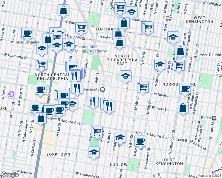 map of restaurants, bars, coffee shops, grocery stores, and more near 1963 North 9th Street in Philadelphia