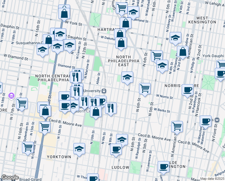 map of restaurants, bars, coffee shops, grocery stores, and more near 1963 North 9th Street in Philadelphia