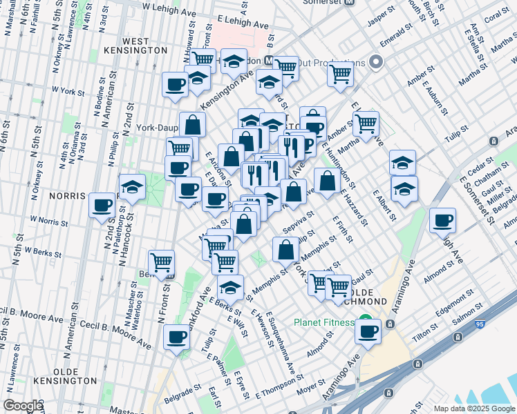 map of restaurants, bars, coffee shops, grocery stores, and more near 2127 East York Street in Philadelphia