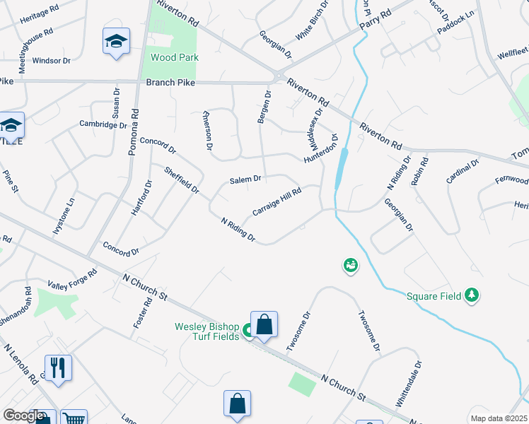 map of restaurants, bars, coffee shops, grocery stores, and more near 256 Carraige Hill Road in Moorestown