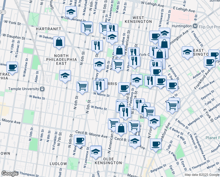 map of restaurants, bars, coffee shops, grocery stores, and more near 2034 North 3rd Street in Philadelphia