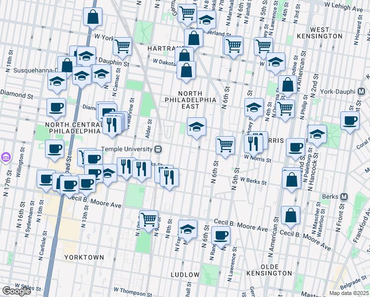 map of restaurants, bars, coffee shops, grocery stores, and more near 1929 North 8th Street in Philadelphia