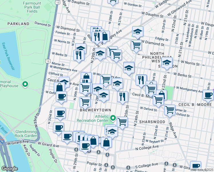 map of restaurants, bars, coffee shops, grocery stores, and more near 1710 North 27th Street in Philadelphia