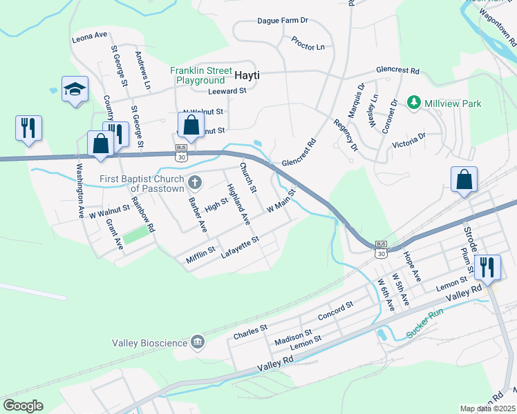 map of restaurants, bars, coffee shops, grocery stores, and more near 248 Church Street in Chester County