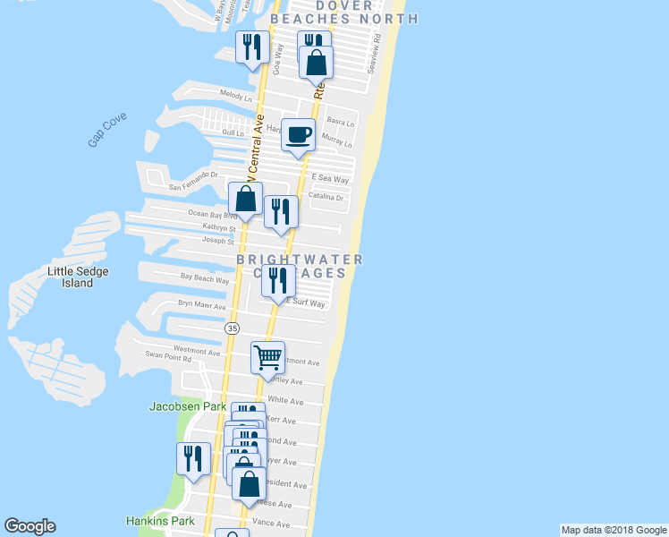 map of restaurants, bars, coffee shops, grocery stores, and more near 60 East Rutherford Lane in Lavallette