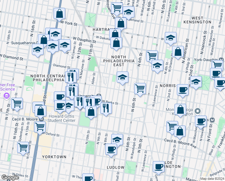 map of restaurants, bars, coffee shops, grocery stores, and more near 1956 North 8th Street in Philadelphia