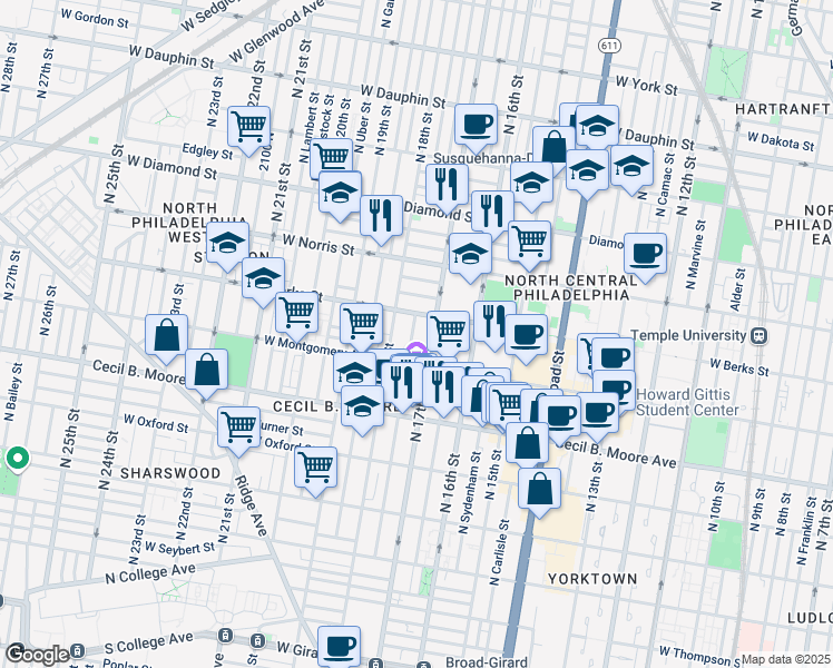 map of restaurants, bars, coffee shops, grocery stores, and more near 1827 North Bouvier Street in Philadelphia