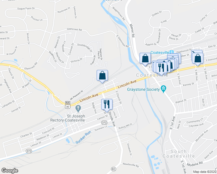 map of restaurants, bars, coffee shops, grocery stores, and more near 228 West Diamond Street in Coatesville