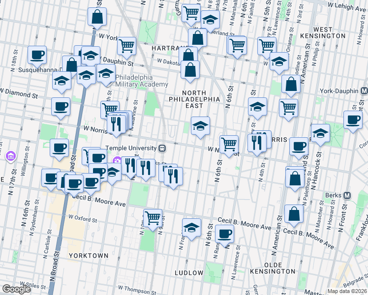 map of restaurants, bars, coffee shops, grocery stores, and more near 2021 North 8th Street in Philadelphia