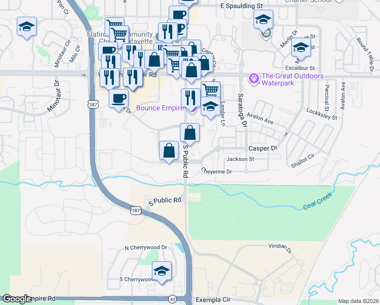 map of restaurants, bars, coffee shops, grocery stores, and more near 254 South 112th Street in Lafayette