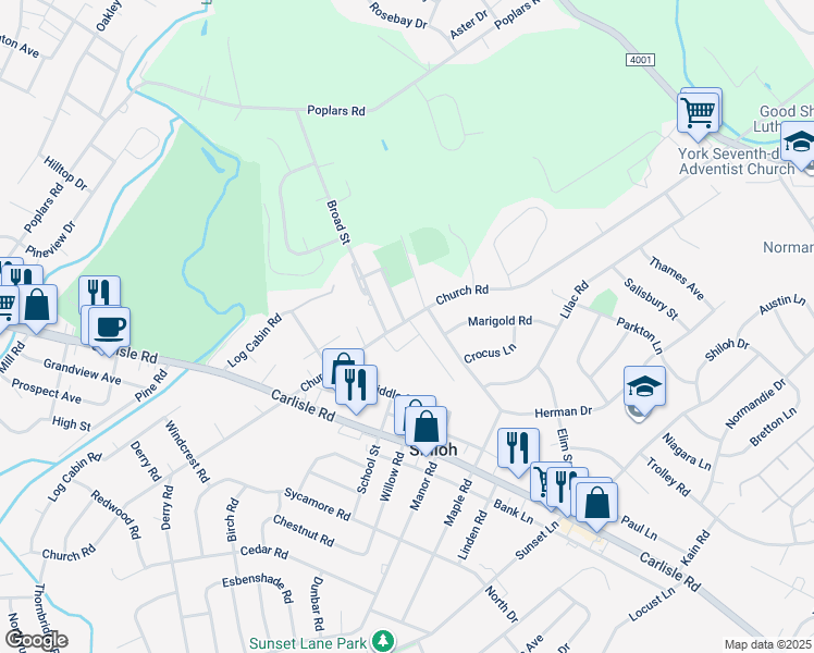 map of restaurants, bars, coffee shops, grocery stores, and more near 1952 Church Road in York