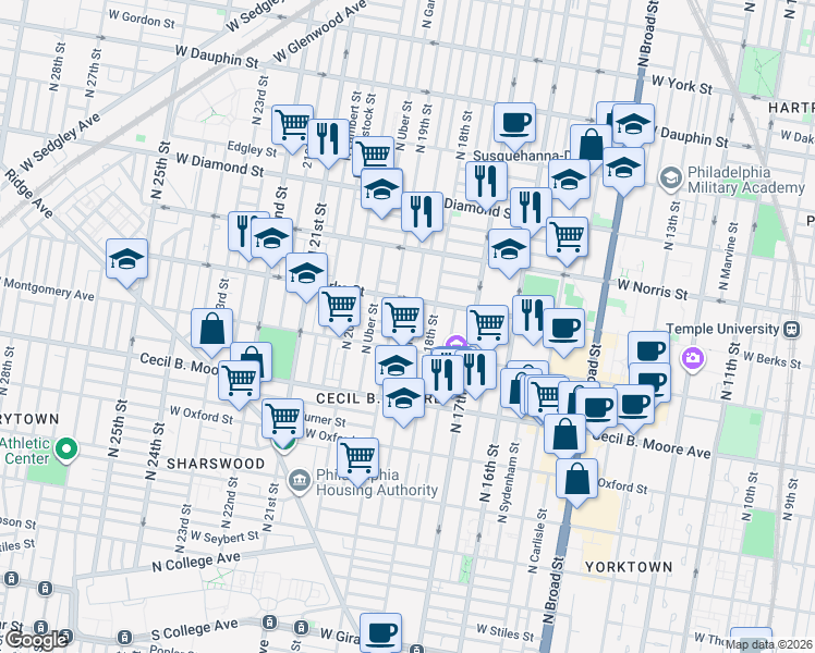 map of restaurants, bars, coffee shops, grocery stores, and more near 1820 North Gratz Street in Philadelphia