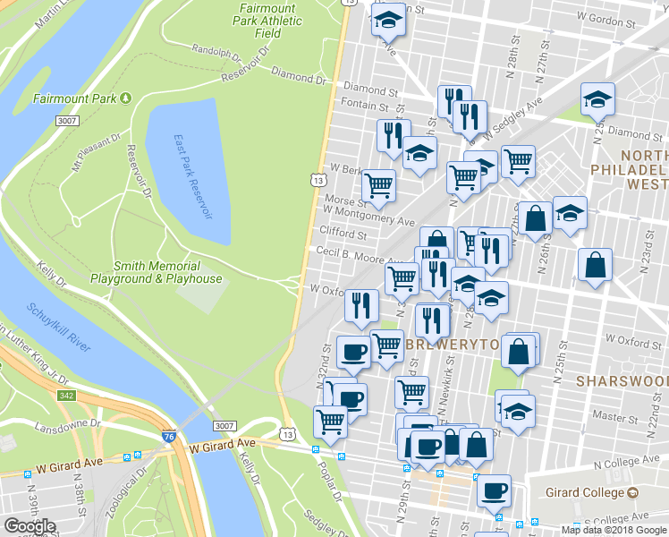 map of restaurants, bars, coffee shops, grocery stores, and more near 3205 Turner Street in Philadelphia