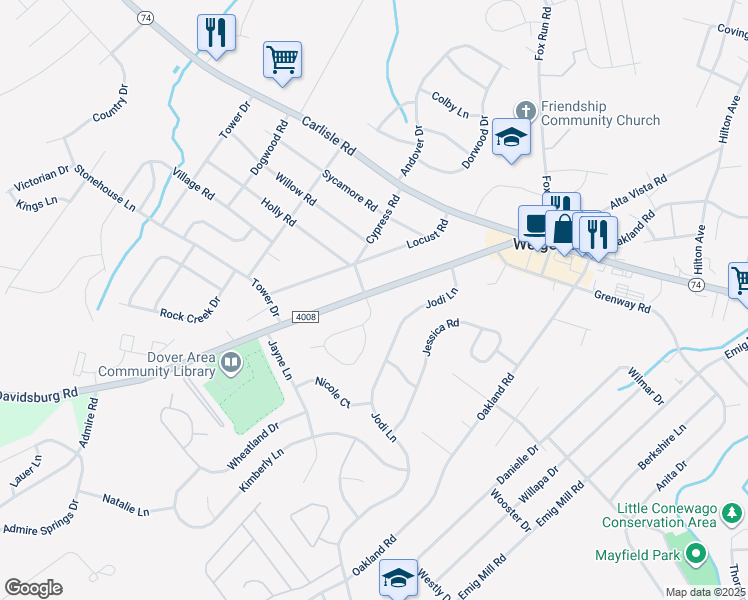 map of restaurants, bars, coffee shops, grocery stores, and more near 3431 Davidsburg Road in Dover