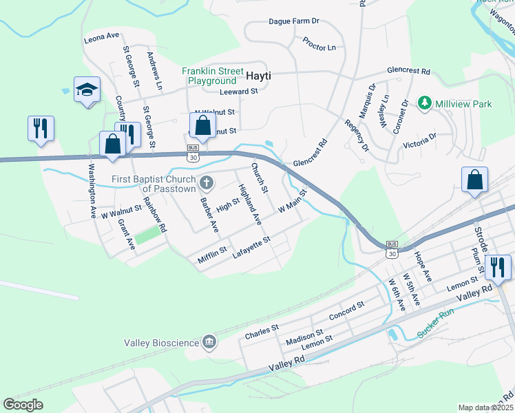 map of restaurants, bars, coffee shops, grocery stores, and more near 145 Highland Avenue in Coatesville