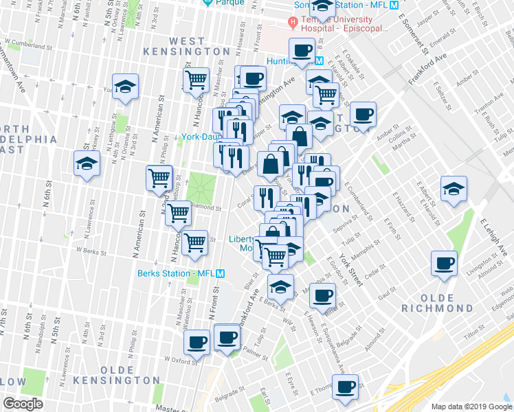 map of restaurants, bars, coffee shops, grocery stores, and more near 2047 East Susquehanna Avenue in Philadelphia