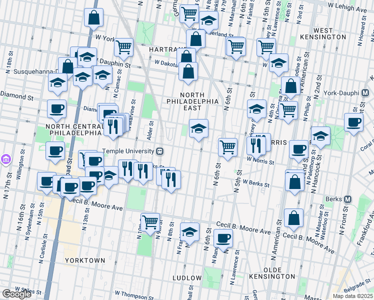 map of restaurants, bars, coffee shops, grocery stores, and more near 1929 North 8th Street in Philadelphia
