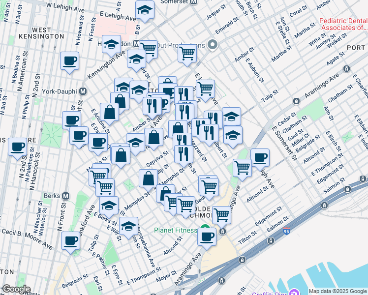map of restaurants, bars, coffee shops, grocery stores, and more near 2210 East Sergeant Street in Philadelphia