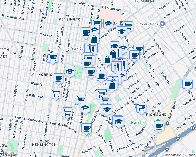 map of restaurants, bars, coffee shops, grocery stores, and more near 2047 East Susquehanna Avenue in Philadelphia