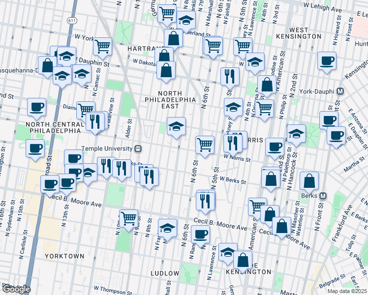 map of restaurants, bars, coffee shops, grocery stores, and more near 627 West Norris Street in Philadelphia