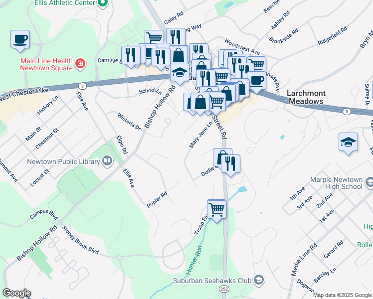 map of restaurants, bars, coffee shops, grocery stores, and more near 33 Mary Jane Lane in Newtown Square