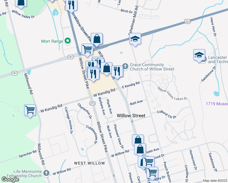 map of restaurants, bars, coffee shops, grocery stores, and more near 5 West Kendig Road in Willow Street