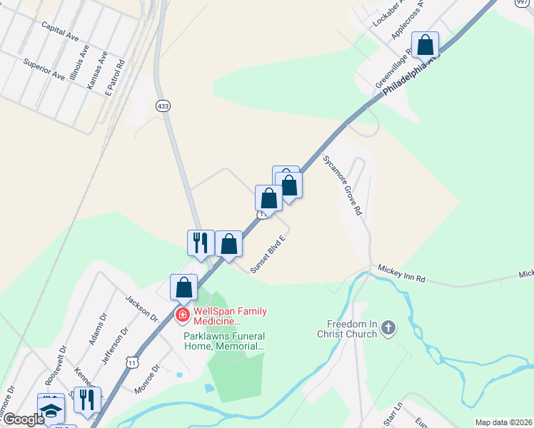 map of restaurants, bars, coffee shops, grocery stores, and more near 1-399 Sunset Blvd W in Chambersburg